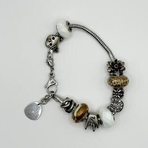 Cloe Silver tone Charm Bracelet Cat Horseshoe Good Luck Hand Beads Jewelry